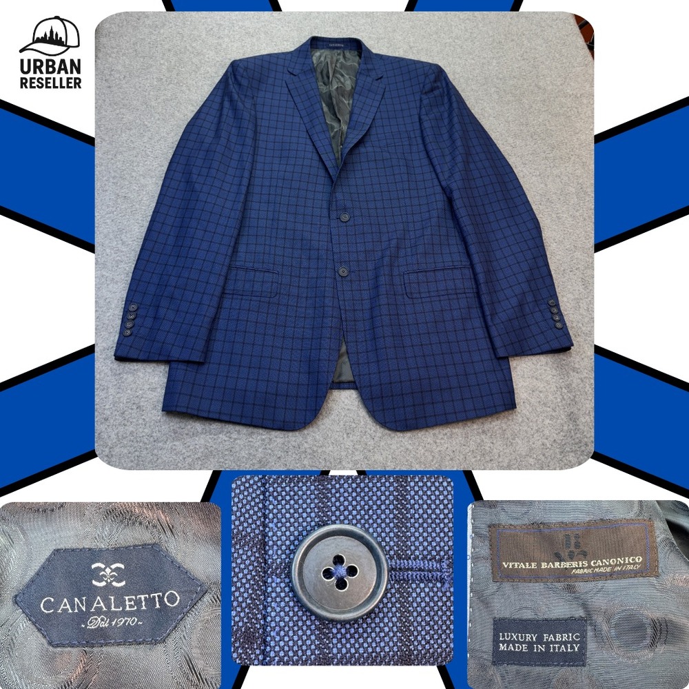 Canaletto Men's 44L Blue Windowpane Wool Sport Coat Vitale Barberis Canonico‎